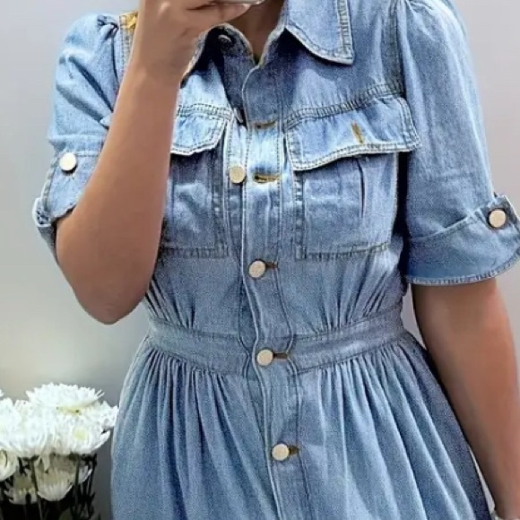 Denim Button-Up Shirt Dress with Pockets - Picture 3 of 5